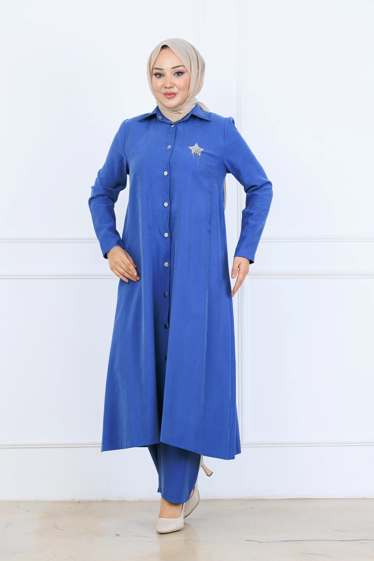 Yumuşak Organik Kumaş Gömlek Yaka Tesettür Kadın Uzun Tunik Pantolonlu İkili Takım 10133 - İndi̇go