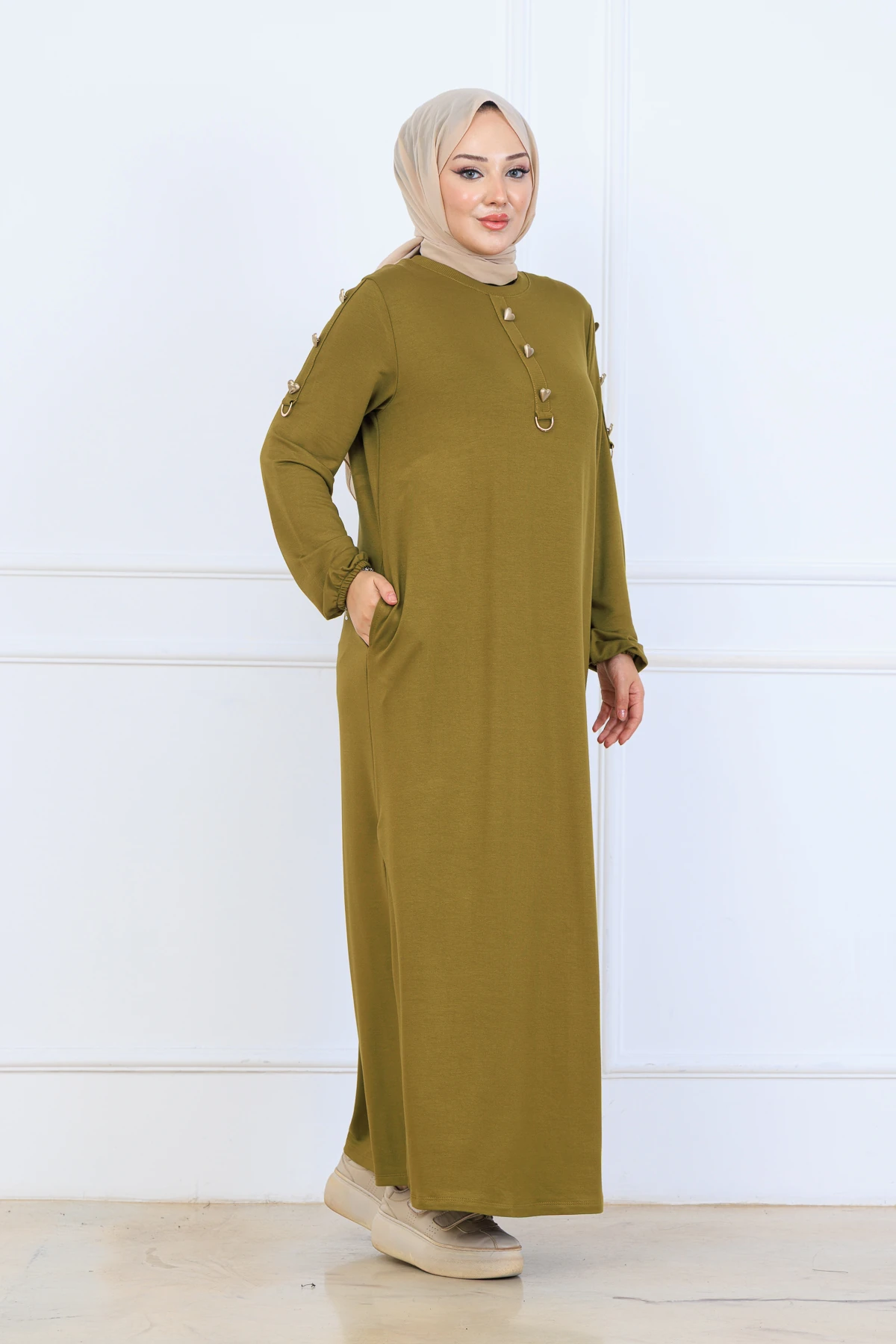 Rahat Bol Kesim Örme Kumaş Elbise 10127 - Yağ Yeşil