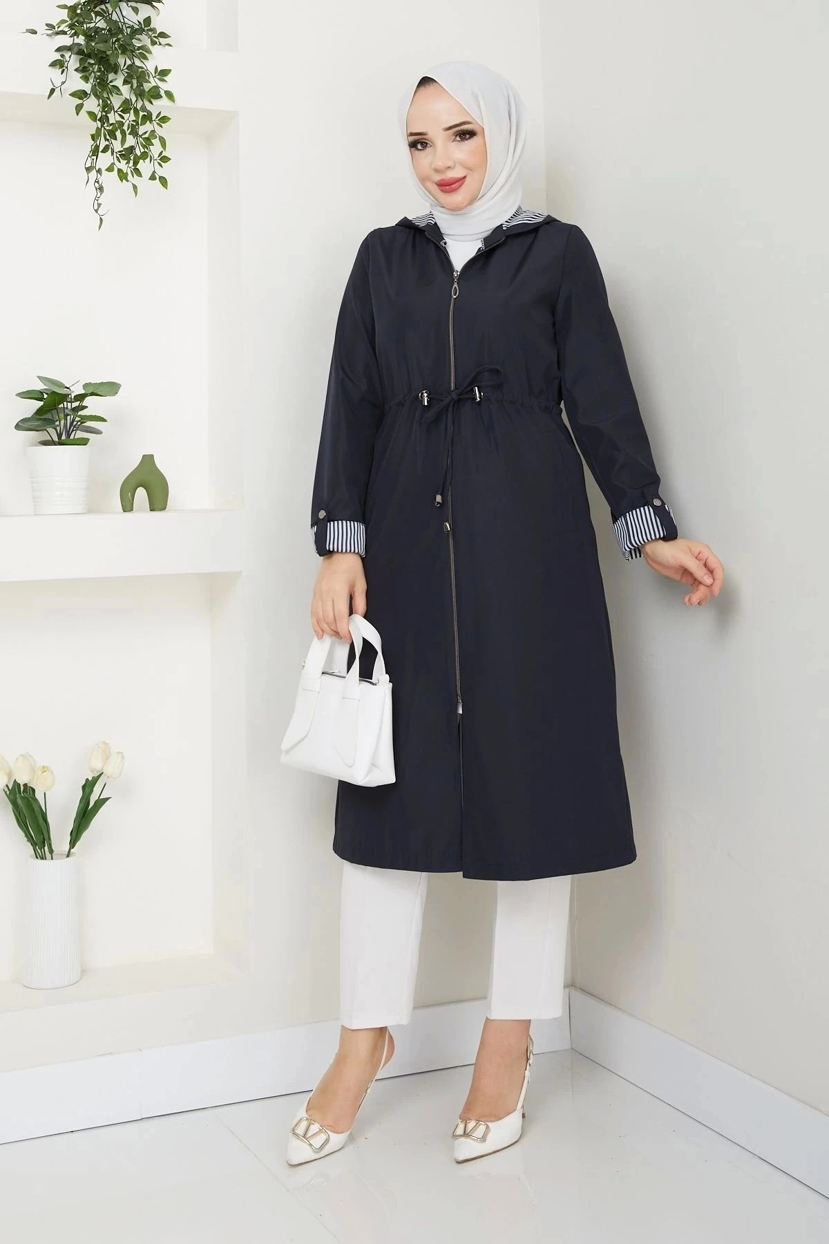 Kadın Uzun Giy Çık Trençkot 10104 - Lacivert