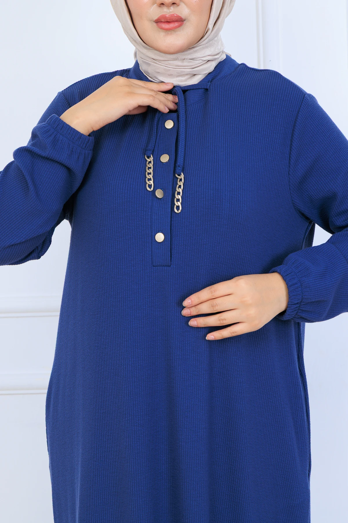 Rahat Kalıp Fitilli Örme Kumaş Elbise 10126 - Mavi