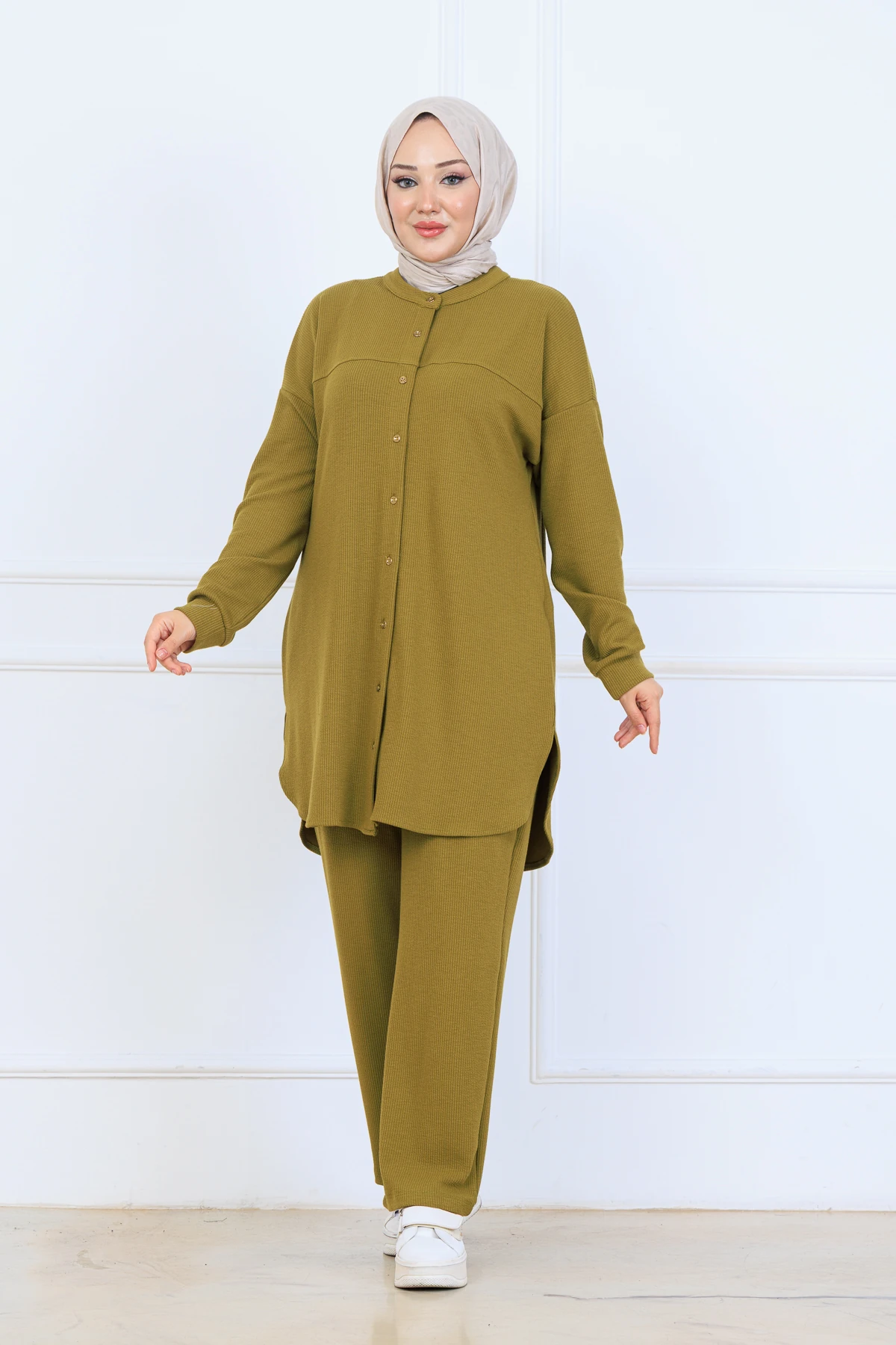 Bürümcük Kumaş Kadın İkili Takım-Gömlek Pantolon 10128 - Yağ Yeşil