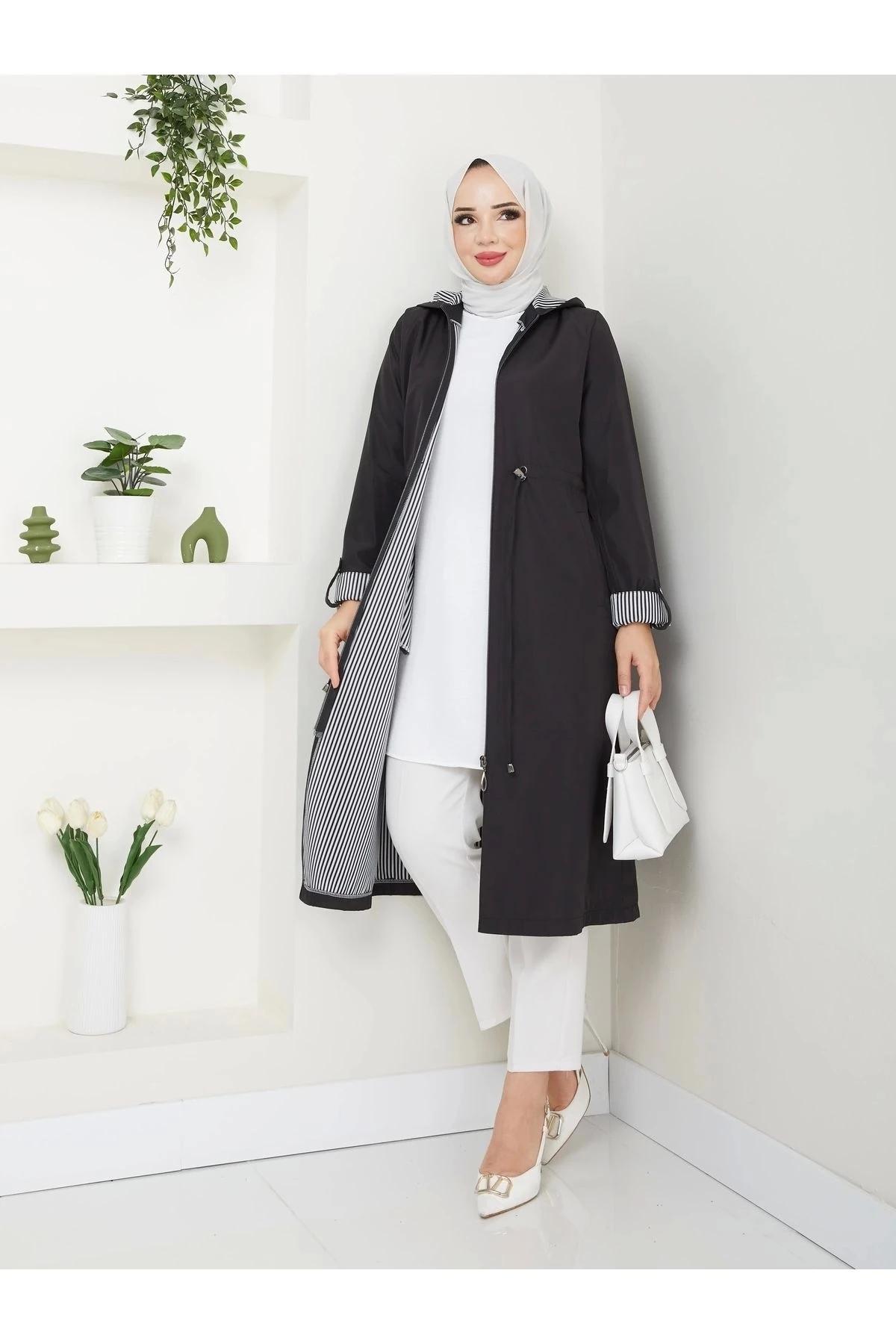 Kadın Uzun Giy Çık Trençkot 10104 - Siyah