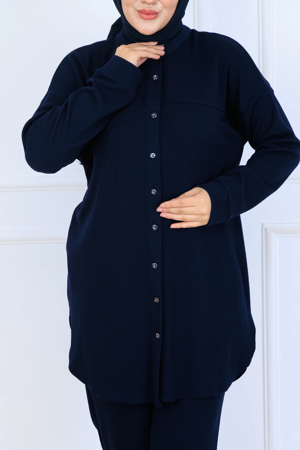 Bürümcük Kumaş Kadın İkili Takım-Gömlek Pantolon 10128 - Lacivert