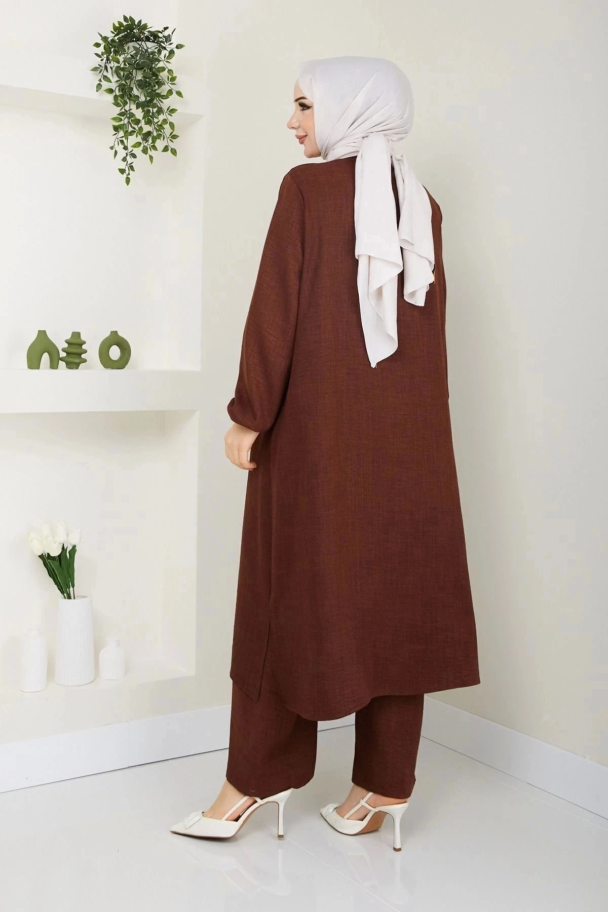 Kadın Büyük Beden Uzun  İkili Tesettür Tunik Takım 10110 - Kahverengi̇