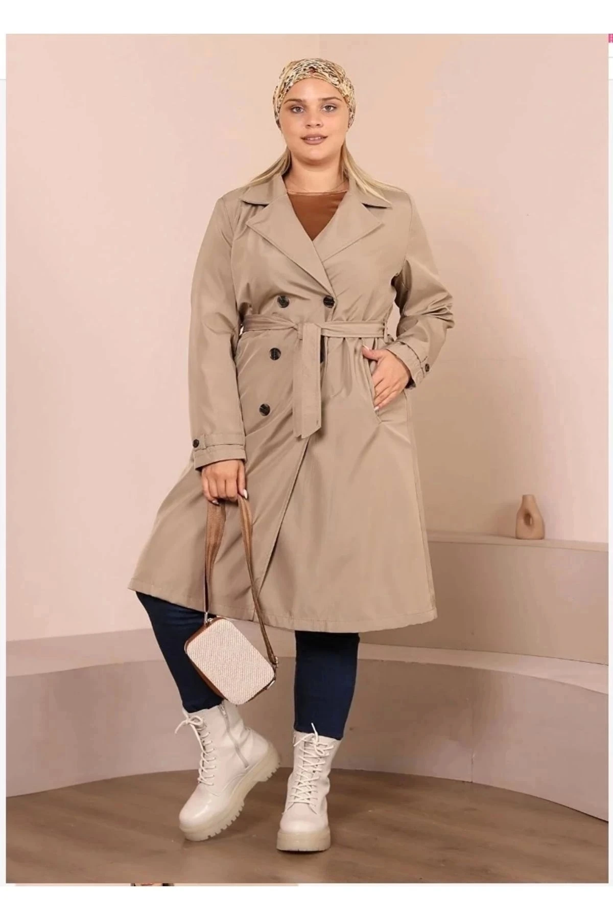 Kadın Kemerli Astarlı Uzun Trençkot