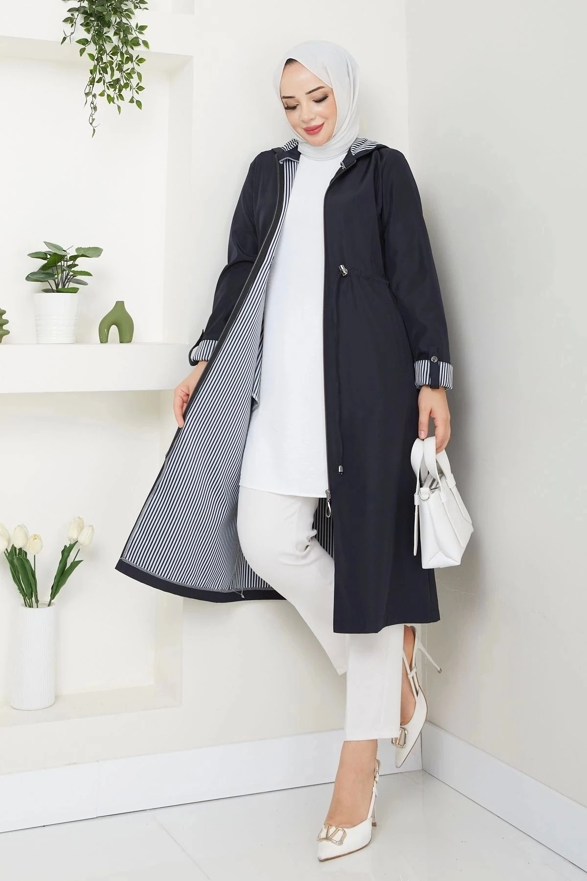 Kadın Uzun Giy Çık Trençkot 10104 - Lacivert