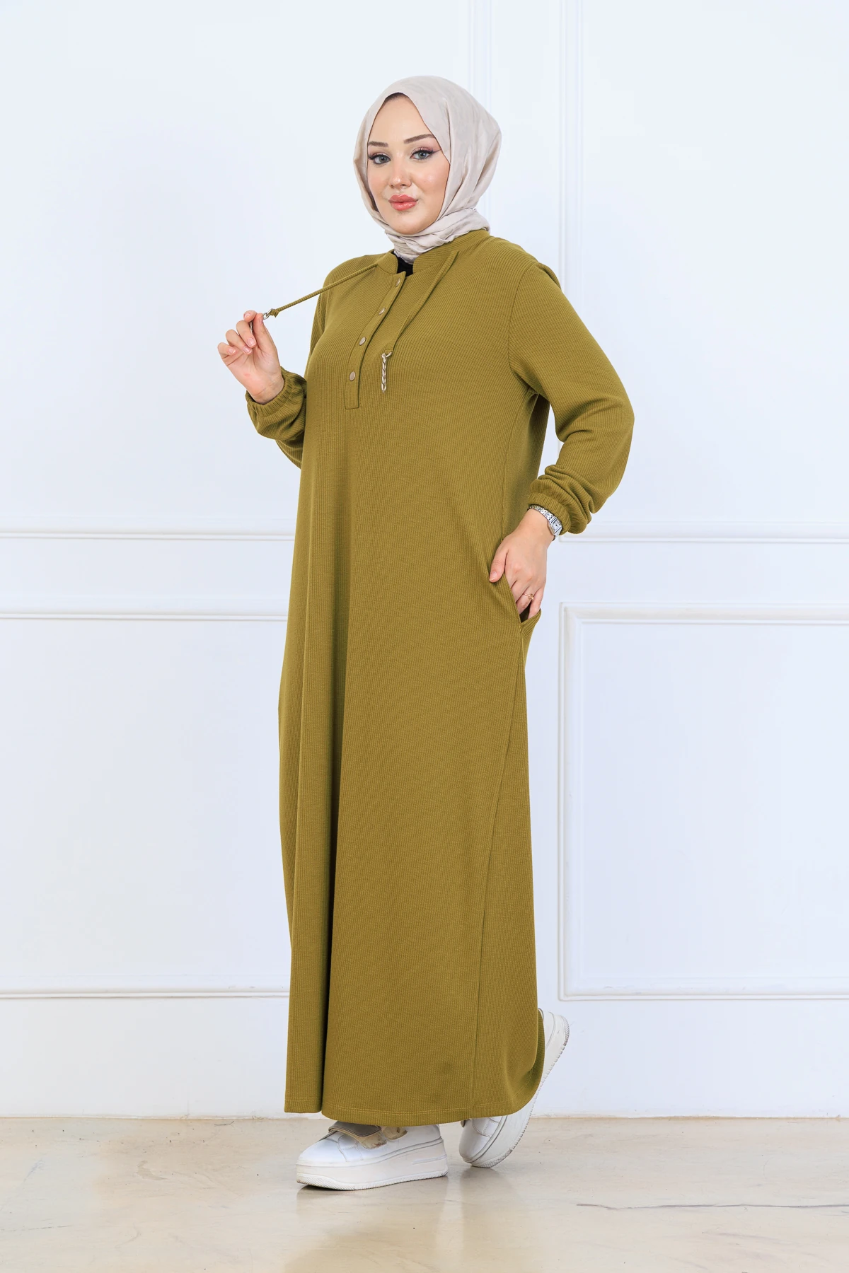 Rahat Kalıp Fitilli Örme Kumaş Elbise 10126 - Yağ Yeşil