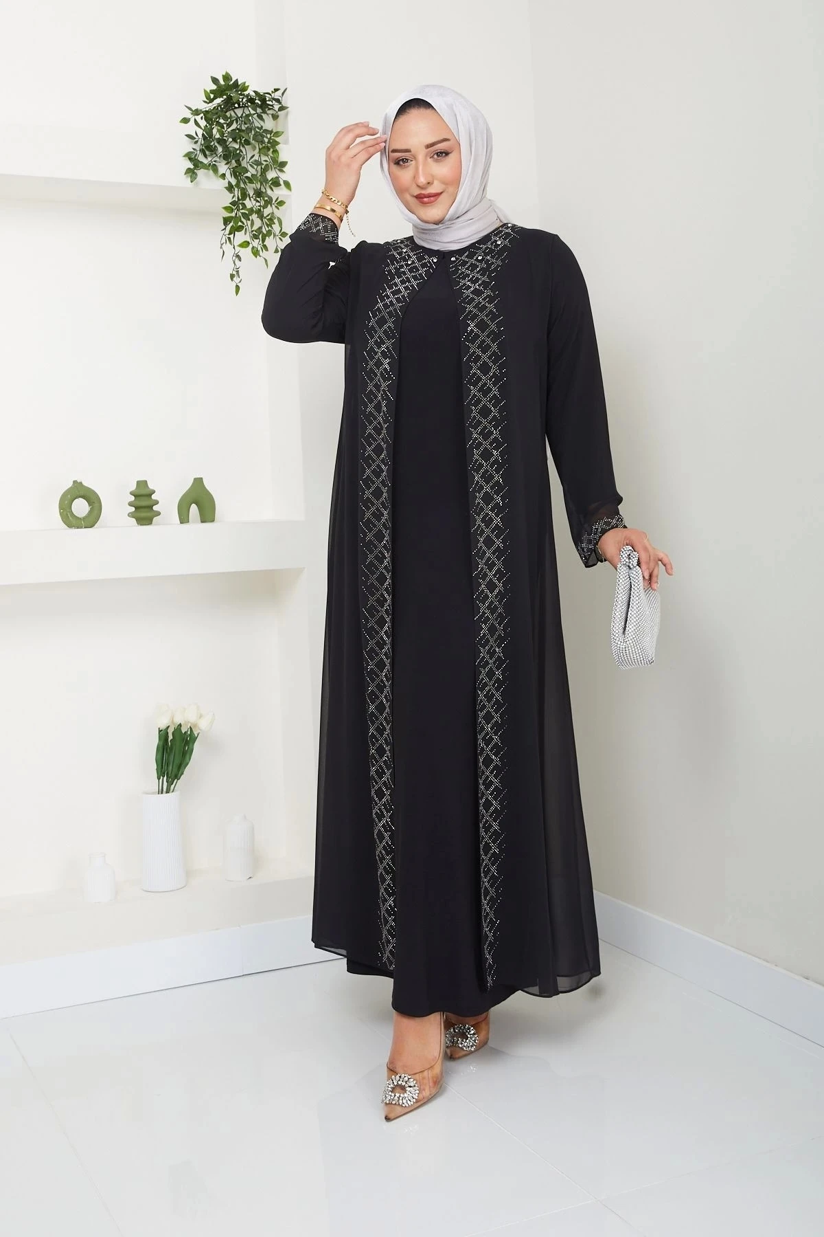 Kadın Büyük Beden Abiye Elbise Şifon Tesettür Abiye Elbise 10120 - Si̇yah