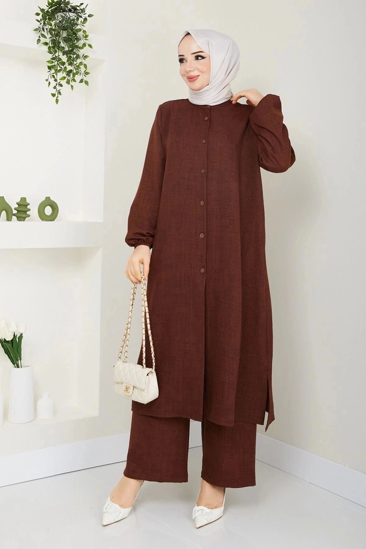 Kadın Büyük Beden Uzun  İkili Tesettür Tunik Takım 10110 - Kahverengi̇