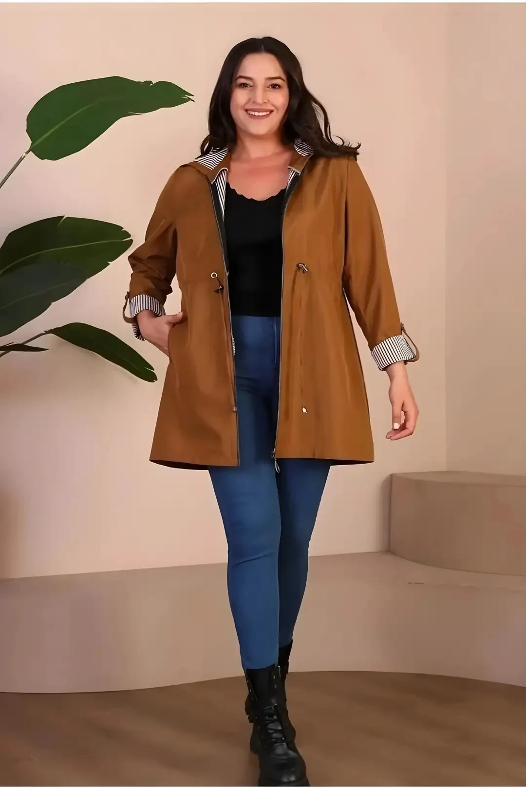 Kadın Kısa Tesettür Trenckot-Büyük Beden Fermuarlı Trenç 10119