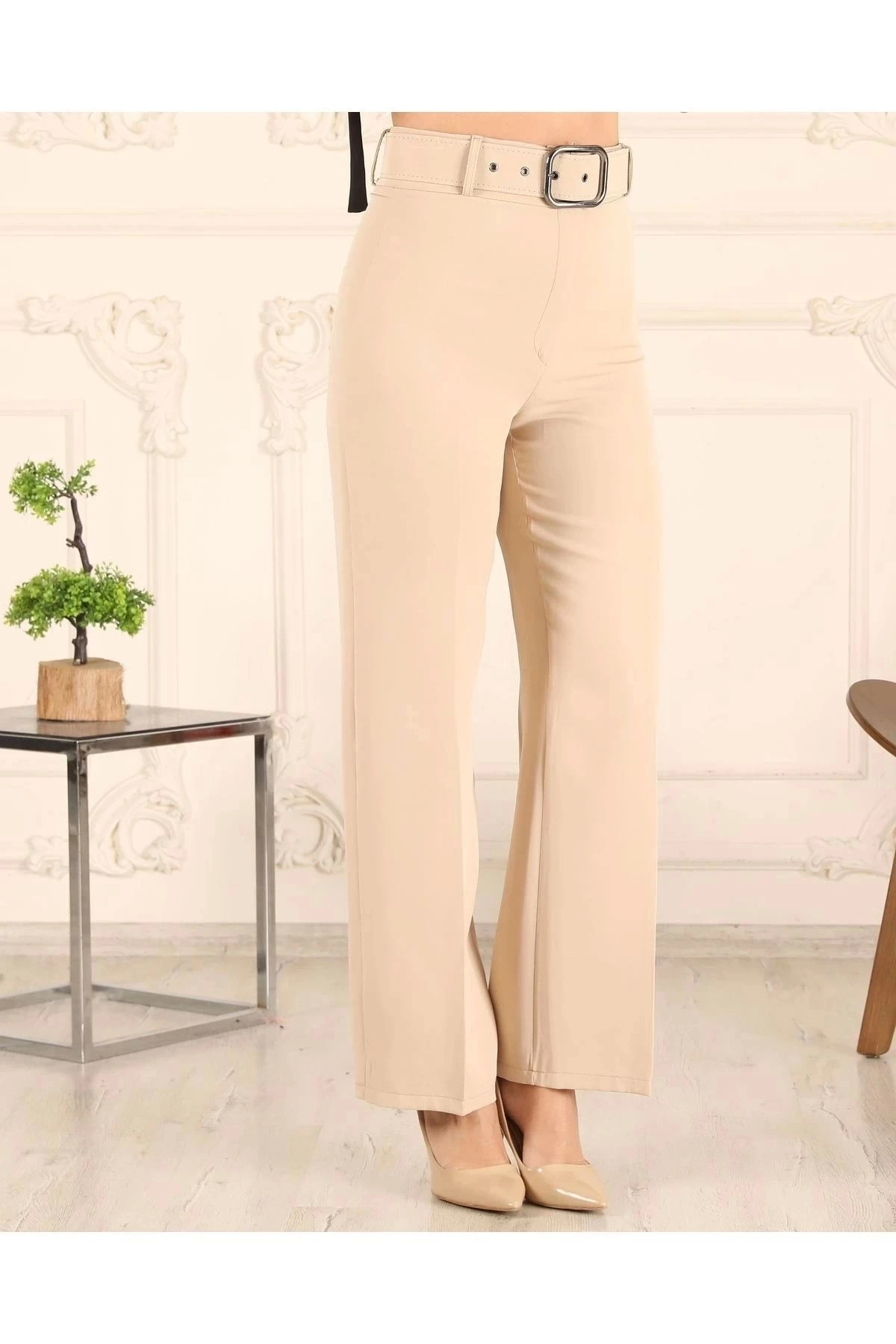 Kadın Bol Paça Kemerli Pantolon 10103 - Krem
