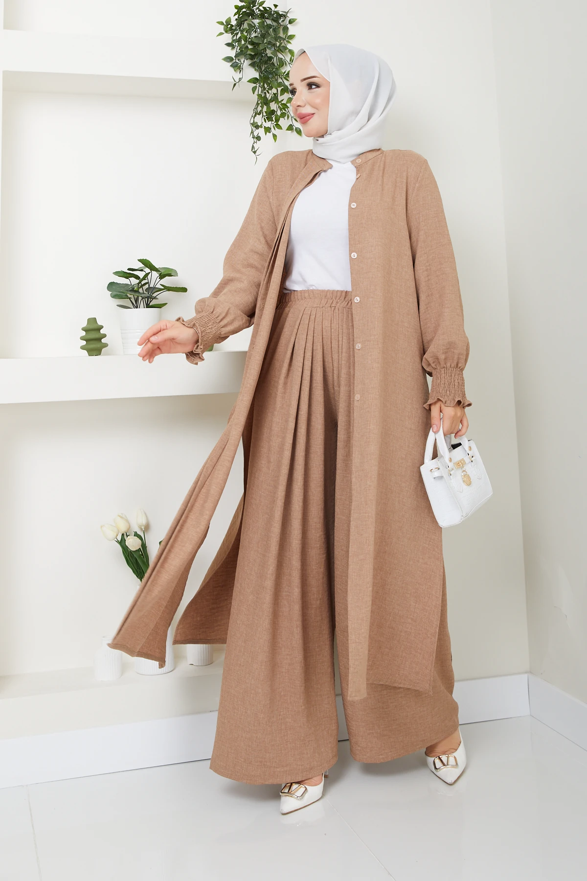 Kadın Uzun İkili Tesettür Tunik Takım 10114 - Vizon