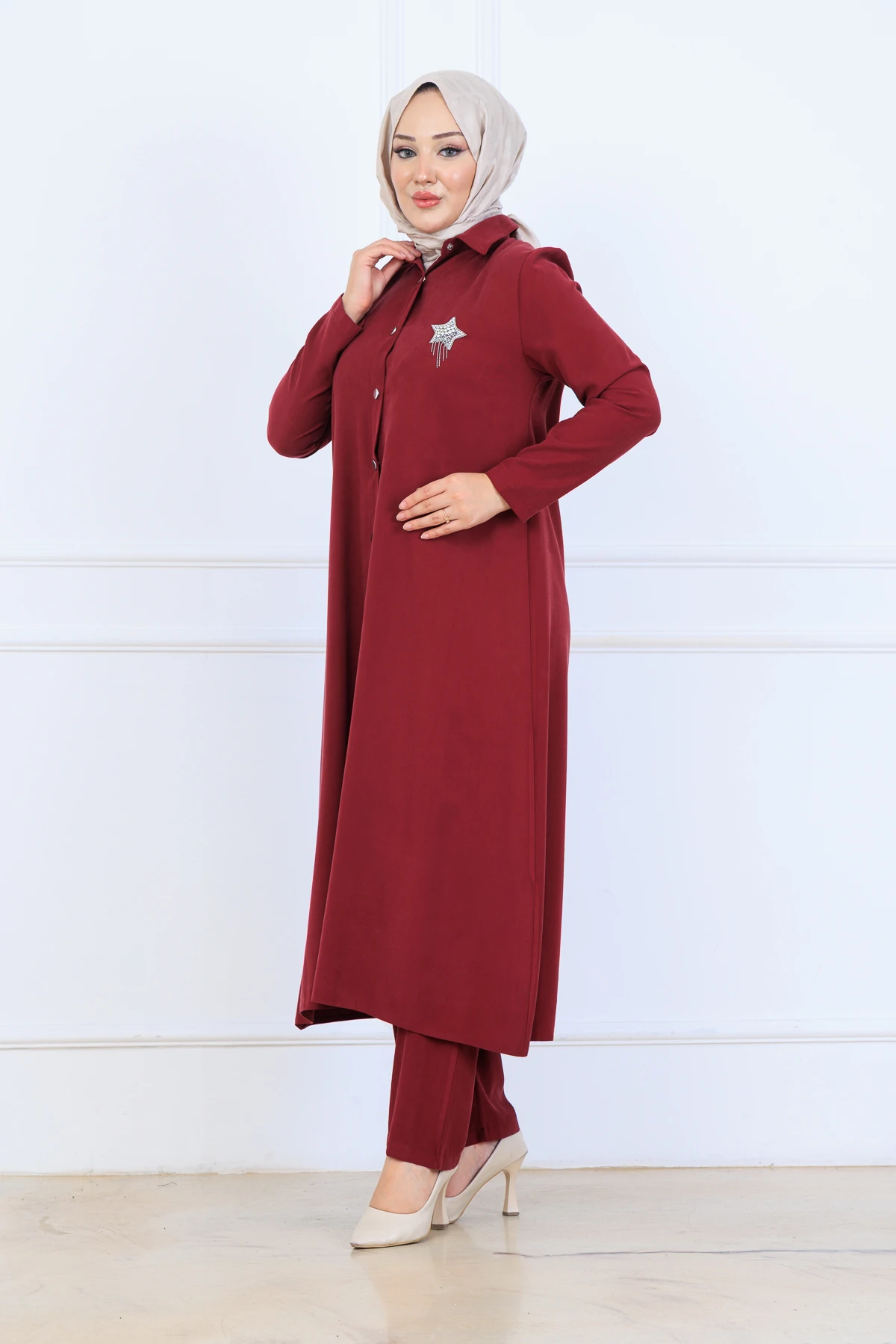 Yumuşak Organik Kumaş Gömlek Yaka Tesettür Kadın Uzun Tunik Pantolonlu İkili Takım 10133 - Bordo