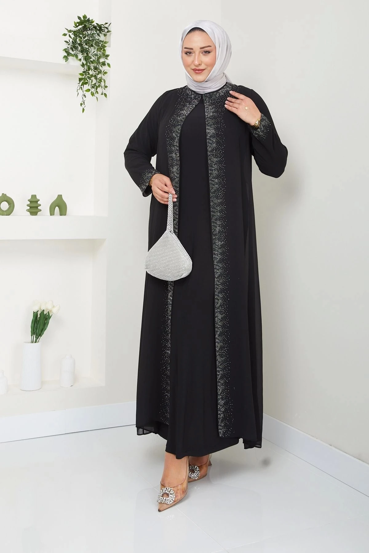 Kadın Büyük Beden Abiye Elbise Uzun Şifon 10118 - Si̇yah