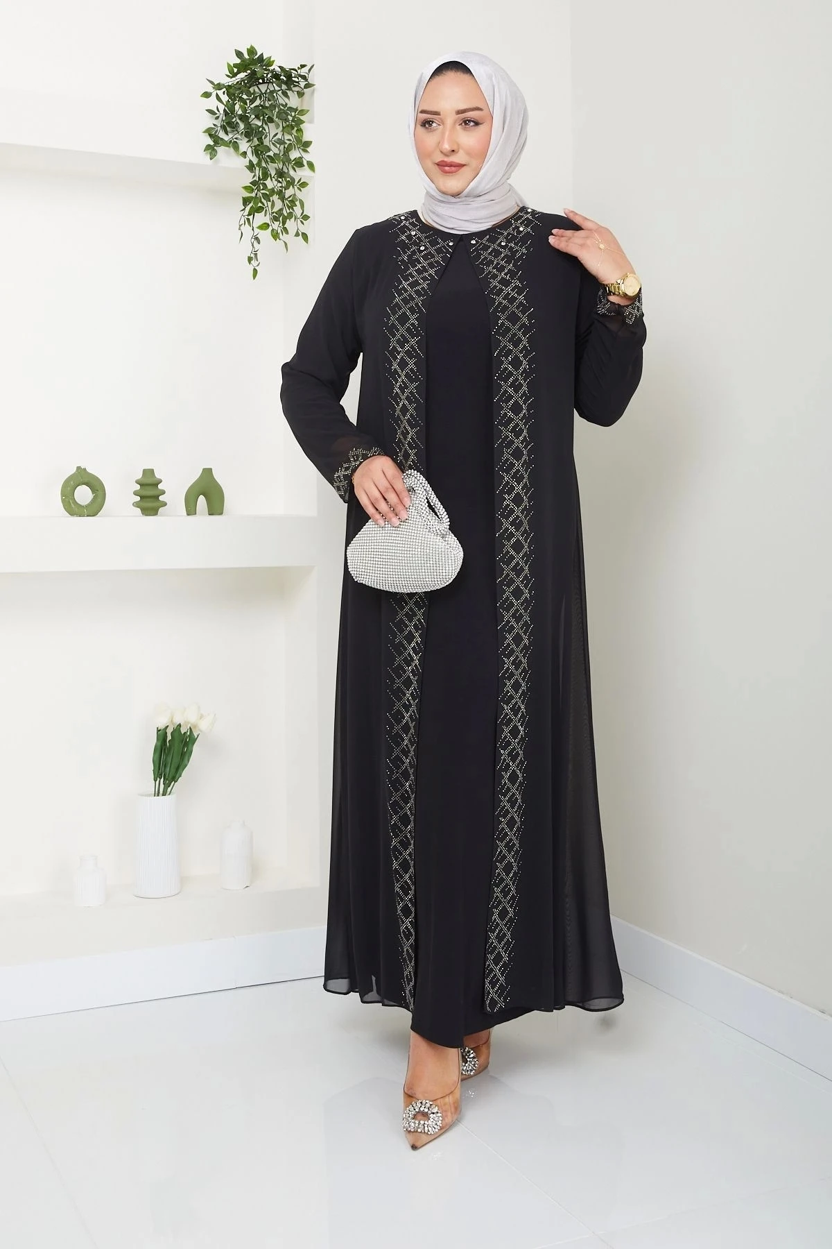 Kadın Büyük Beden Abiye Elbise Şifon Tesettür Abiye Elbise 10120 - Si̇yah