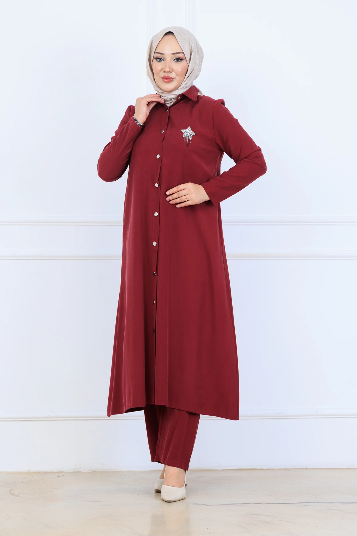Yumuşak Organik Kumaş Gömlek Yaka Tesettür Kadın Uzun Tunik Pantolonlu İkili Takım 10133 - Bordo