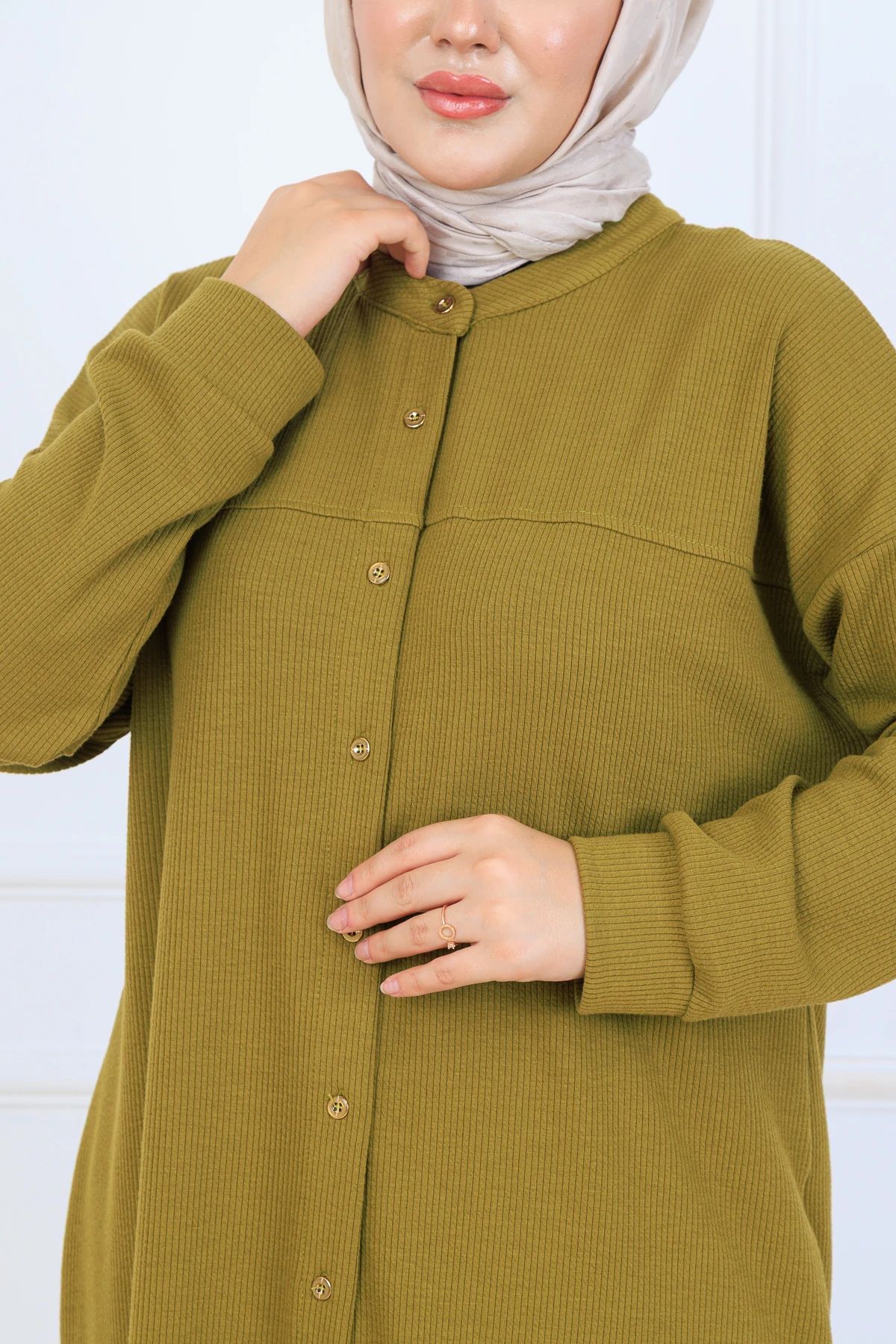 Bürümcük Kumaş Kadın İkili Takım-Gömlek Pantolon 10128 - Yağ Yeşil