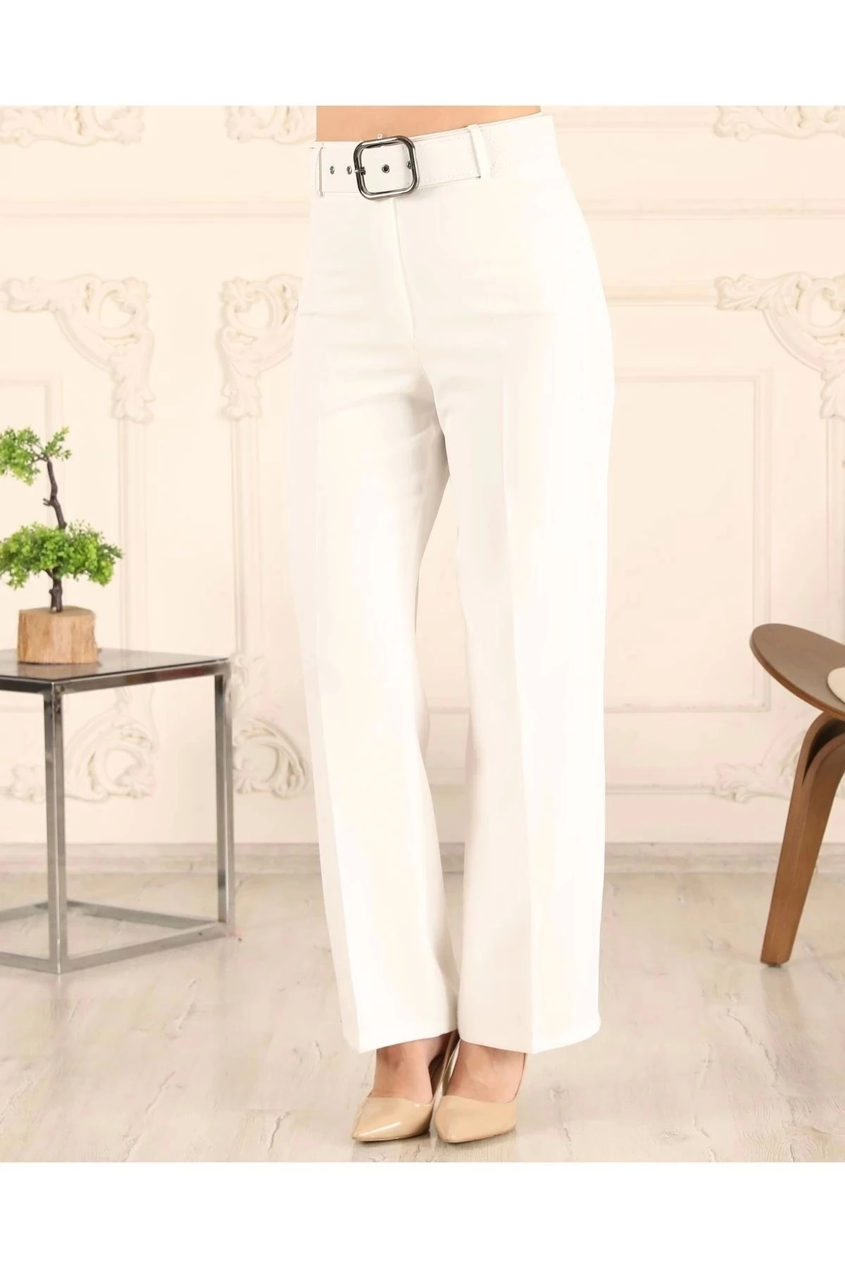 Kadın Bol Paça Kemerli Pantolon 10103 - Beyaz