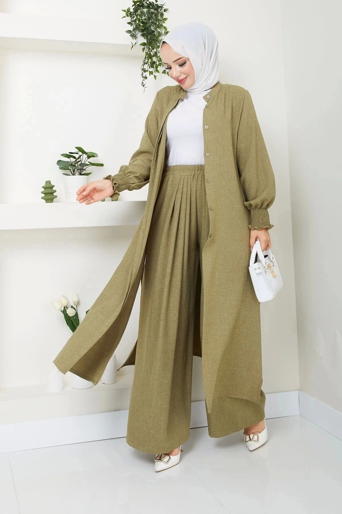 Kadın Uzun İkili Tesettür Tunik Takım 10114 - Yağ Yeşil