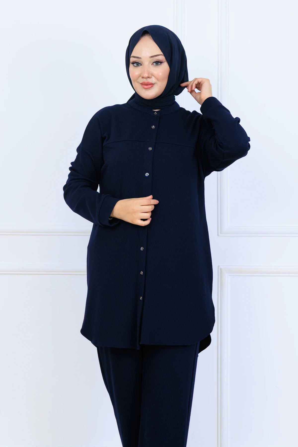 Bürümcük Kumaş Kadın İkili Takım-Gömlek Pantolon 10128 - Lacivert