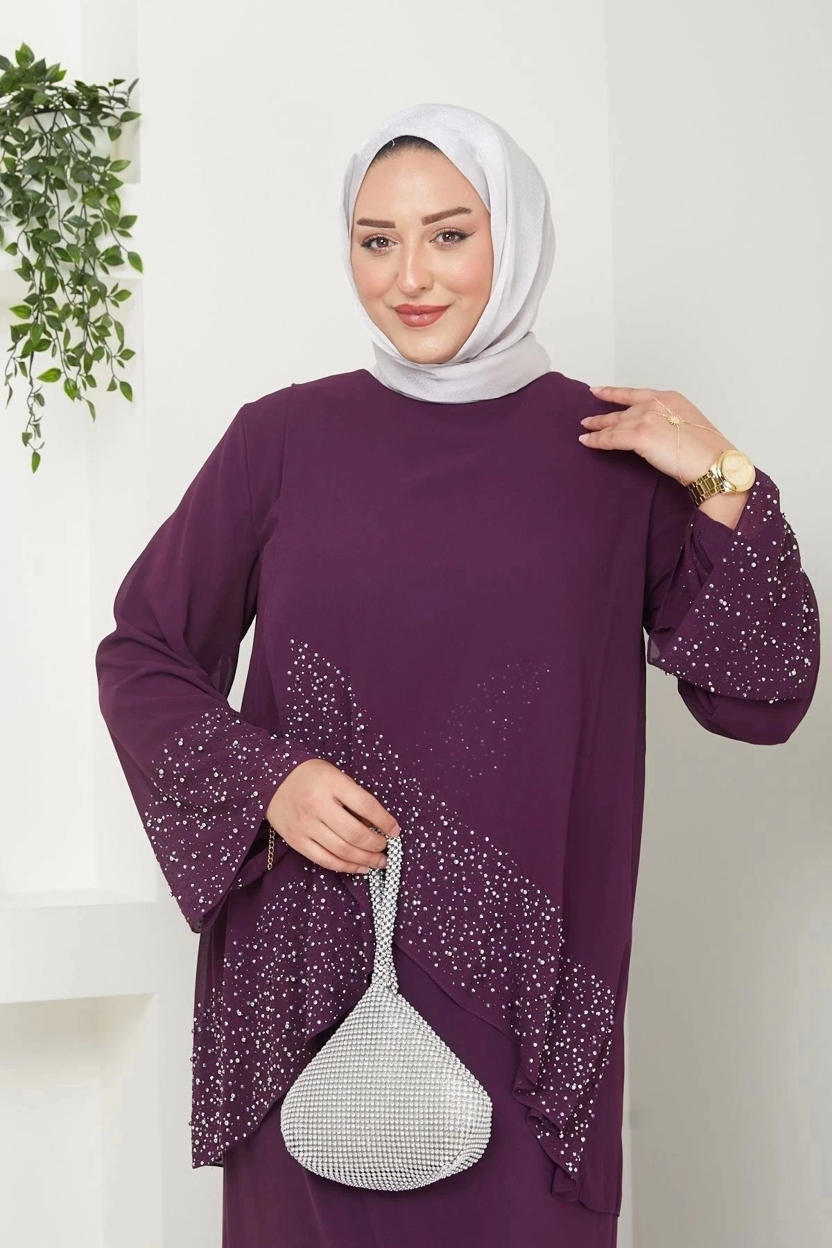 Kadın Büyük Beden Abiye Elbise İnci Taş Baskılı Tesettür Abiye Elbise 10113