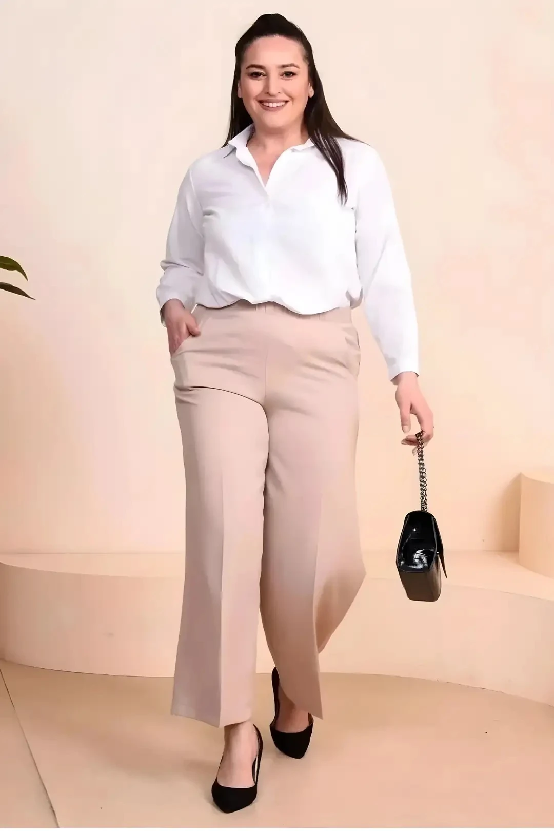 Büyük Beden Lastikli Kumaş Bol Paça Kadın Pantolon 10109