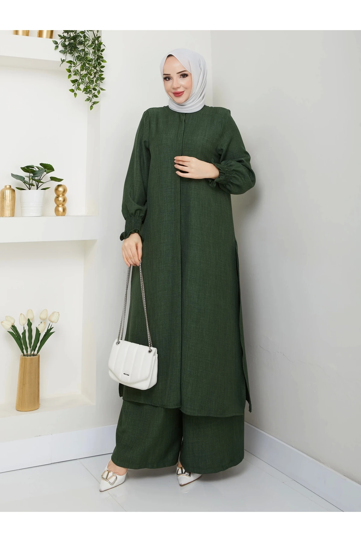 Kadın Uzun İkili Tesettür Tunik Takım 10114 - Ördek Yeşi̇l