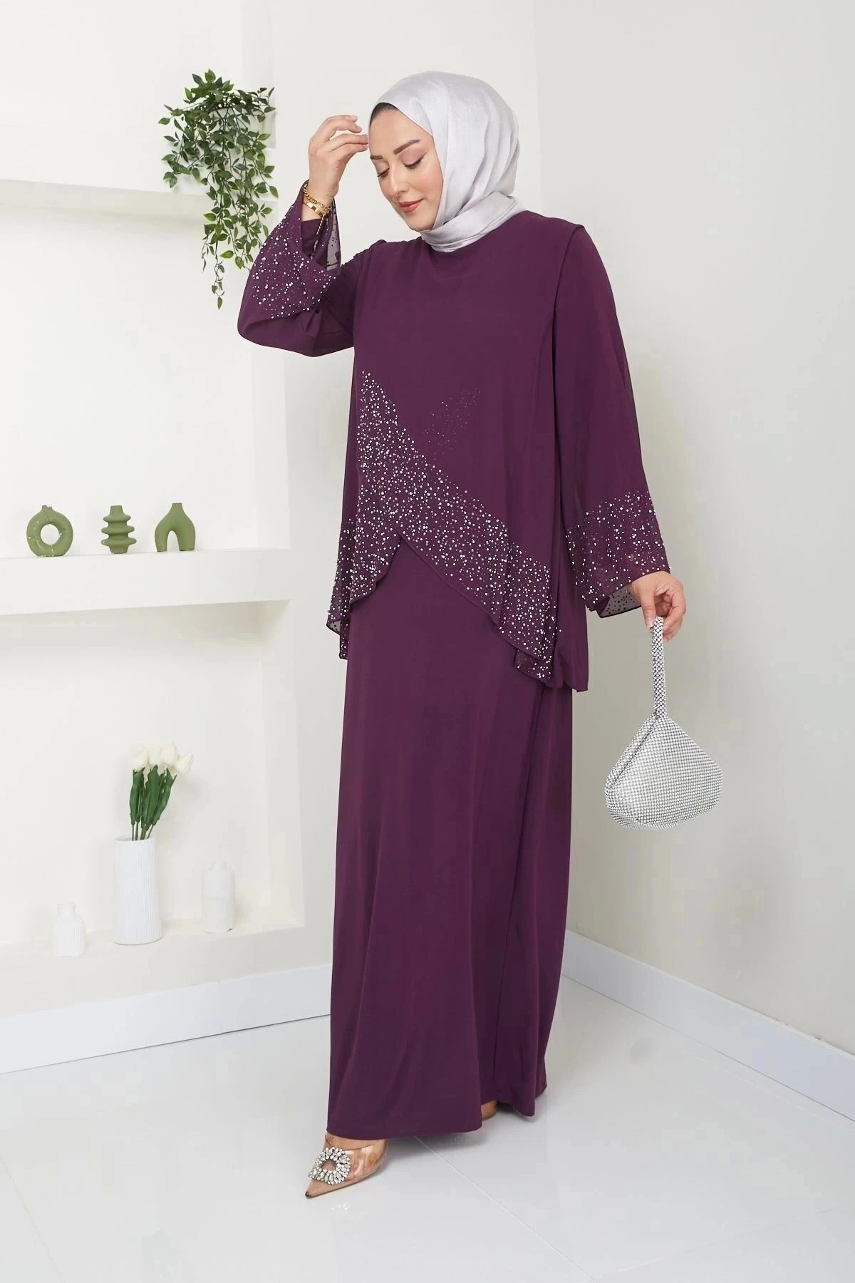 Kadın Büyük Beden Abiye Elbise İnci Taş Baskılı Tesettür Abiye Elbise 10113