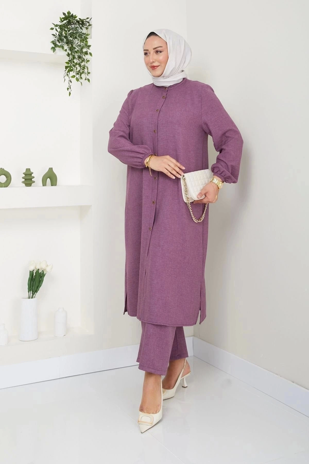 Kadın Büyük Beden Uzun  İkili Tesettür Tunik Takım 10110 - Lila