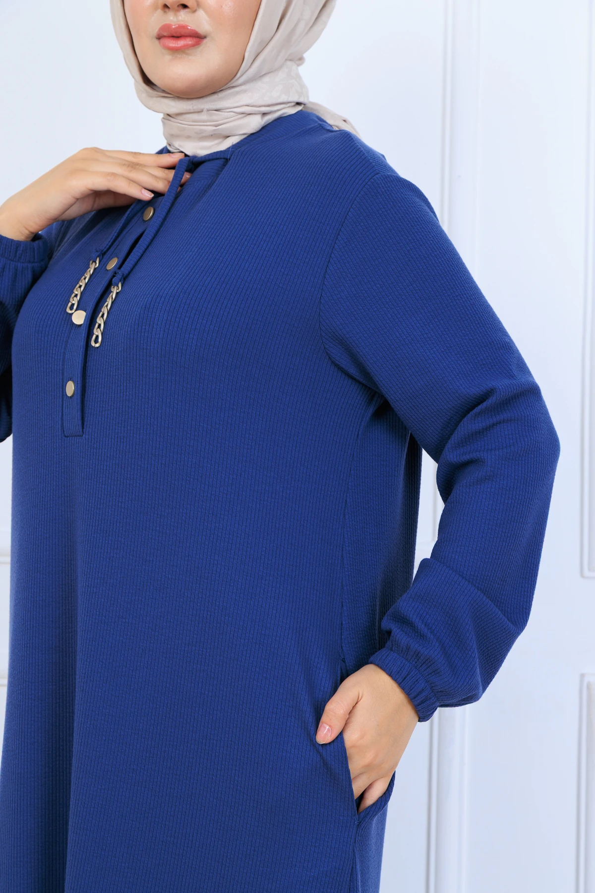 Rahat Kalıp Fitilli Örme Kumaş Elbise 10126 - Mavi