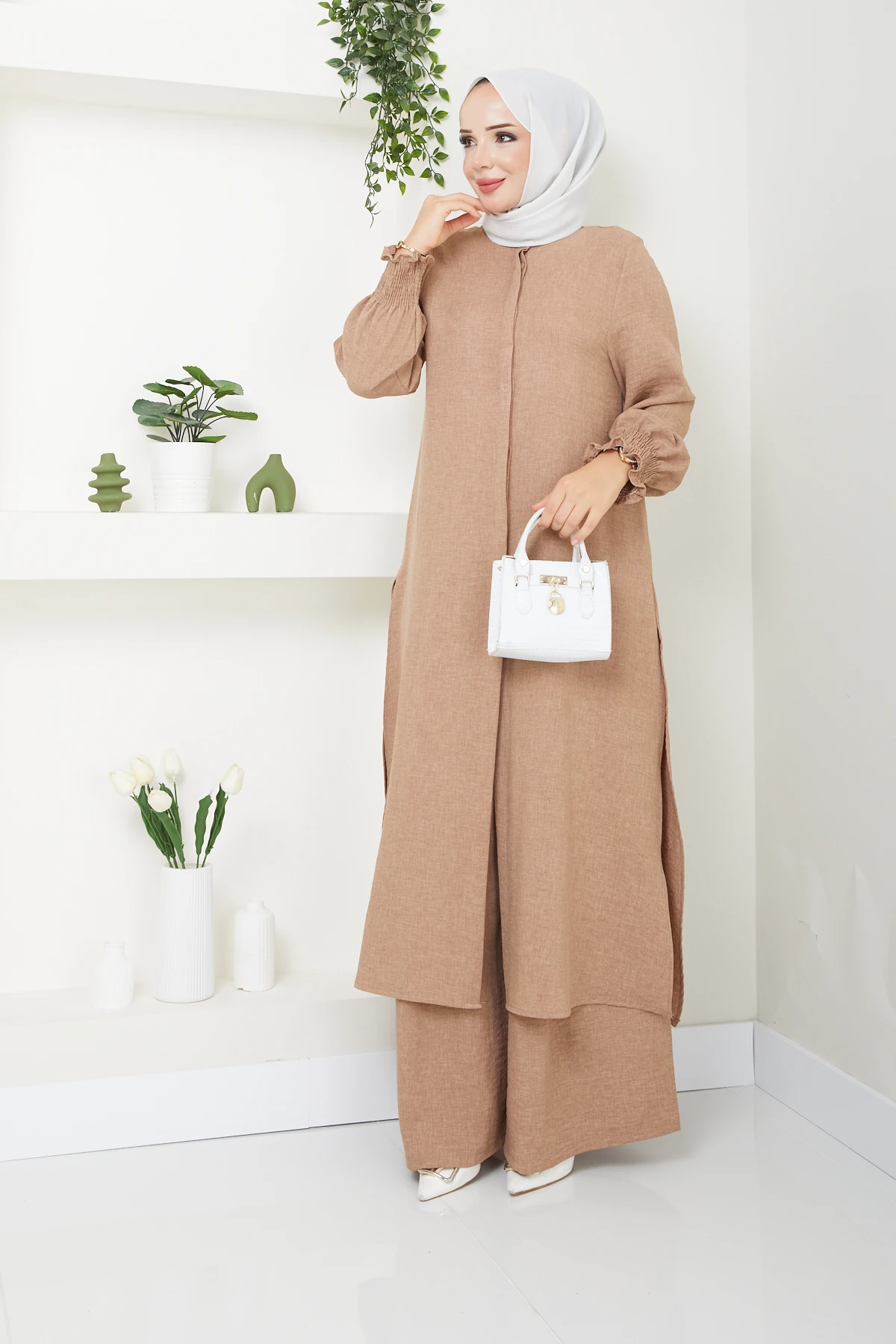 Kadın Uzun İkili Tesettür Tunik Takım 10114 - Vizon