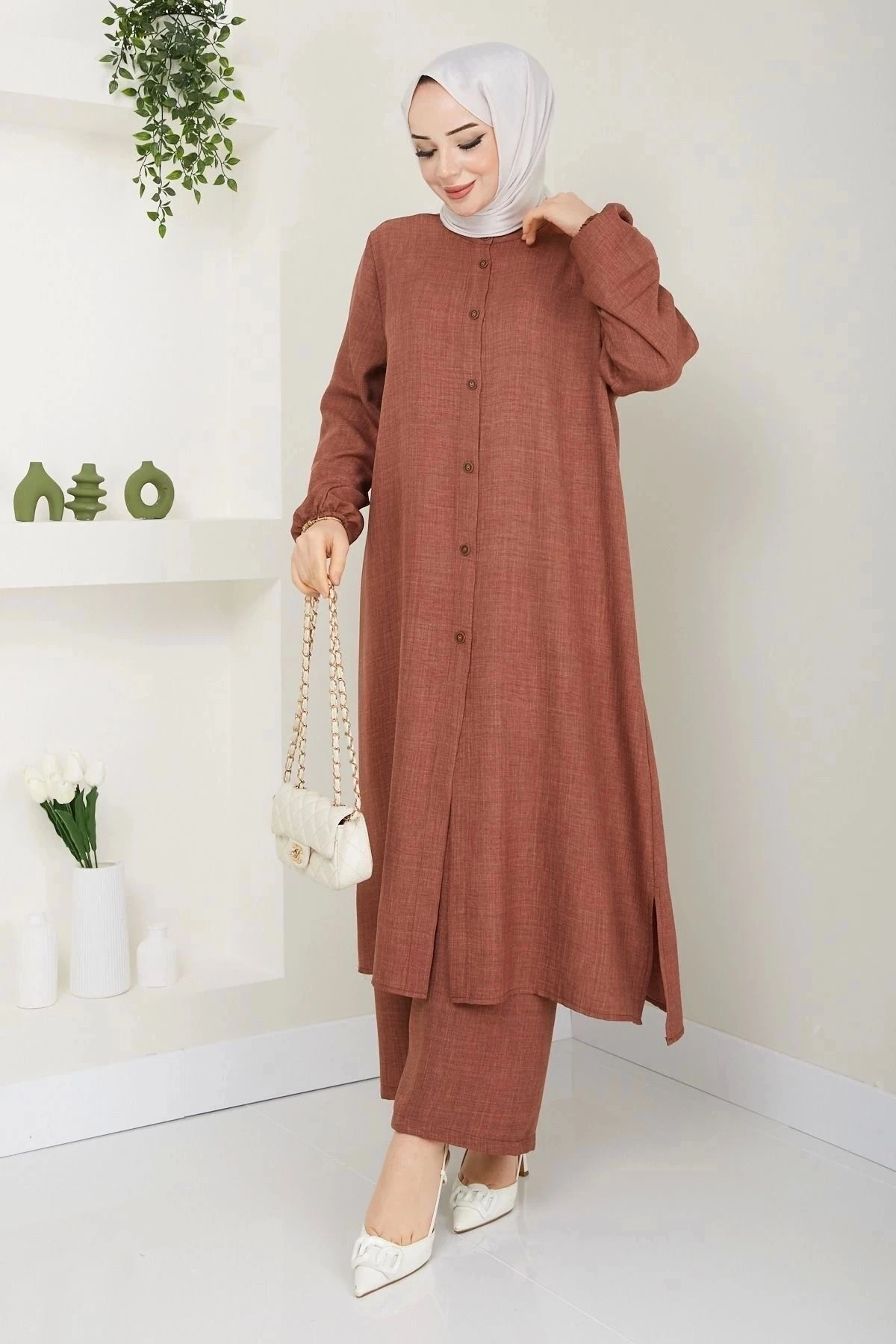 Kadın Büyük Beden Uzun  İkili Tesettür Tunik Takım 10110 - Taba