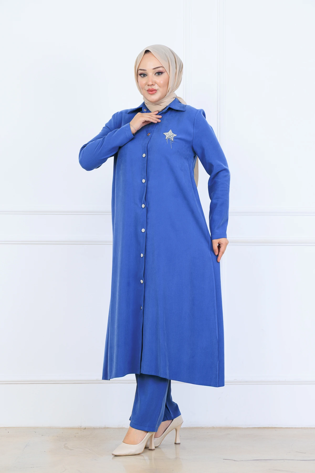 Yumuşak Organik Kumaş Gömlek Yaka Tesettür Kadın Uzun Tunik Pantolonlu İkili Takım 10133 - İndi̇go