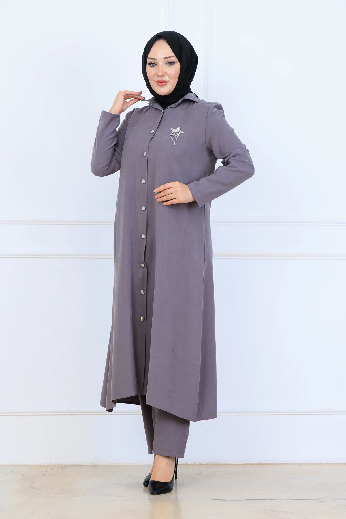 Yumuşak Organik Kumaş Gömlek Yaka Tesettür Kadın Uzun Tunik Pantolonlu İkili Takım 10133 - Gri