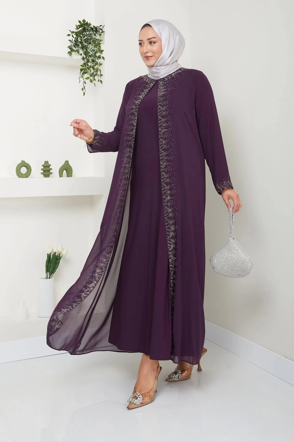 Kadın Büyük Beden Abiye Elbise Uzun Şifon 10118 - Mürdüm