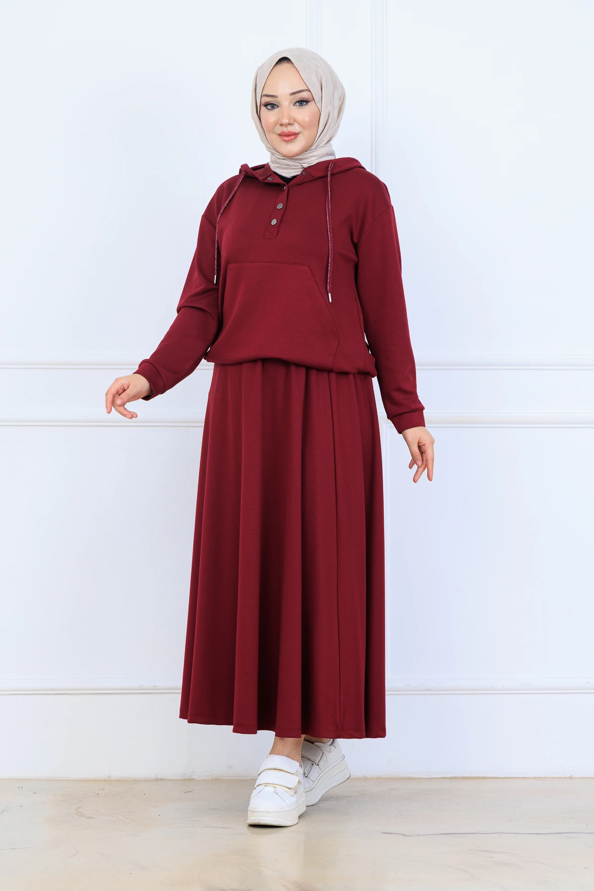 Çilek Kumaş Kapşonlu Sweat Etekli Kadın İkili Takım 10130 - Bordo