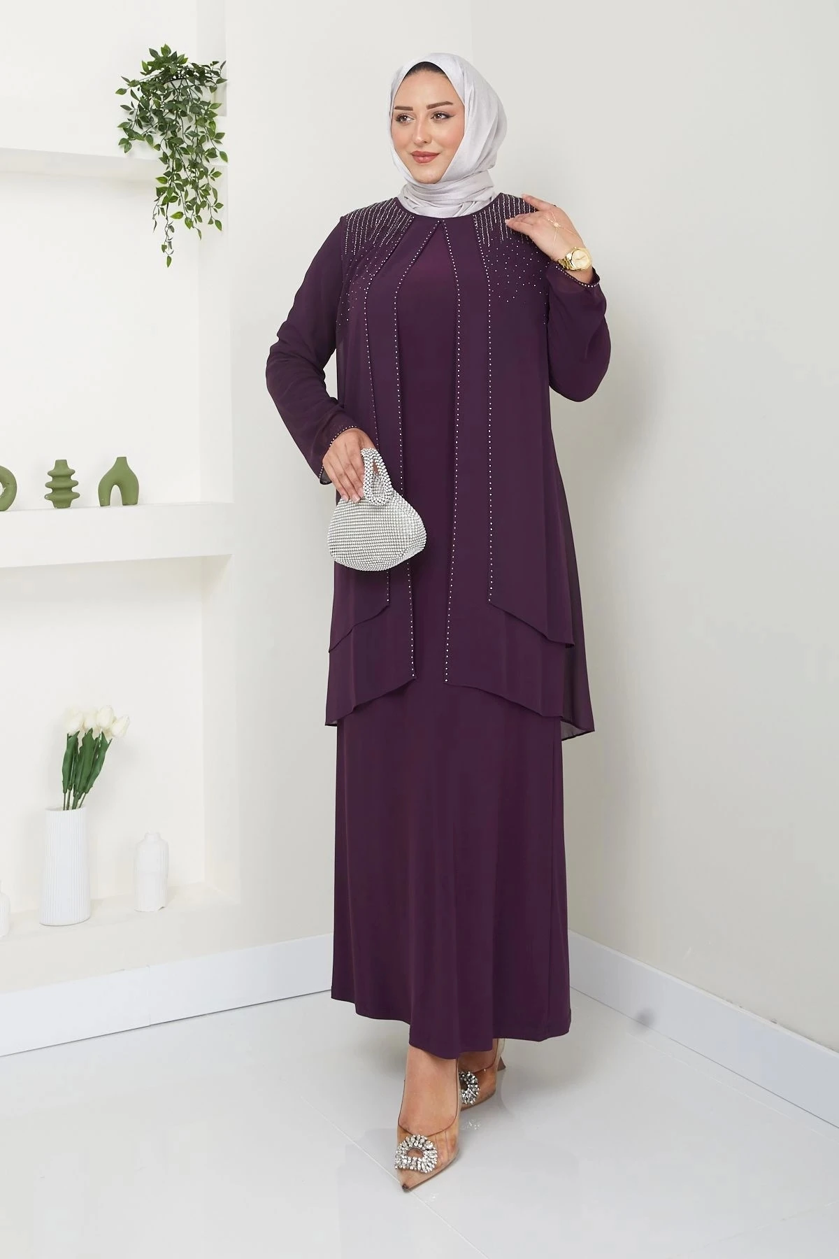 Kadın Büyük Beden Abiye Elbise İki Kat Şifon Tesettür Abiye Elbise 10117 - Mürdüm