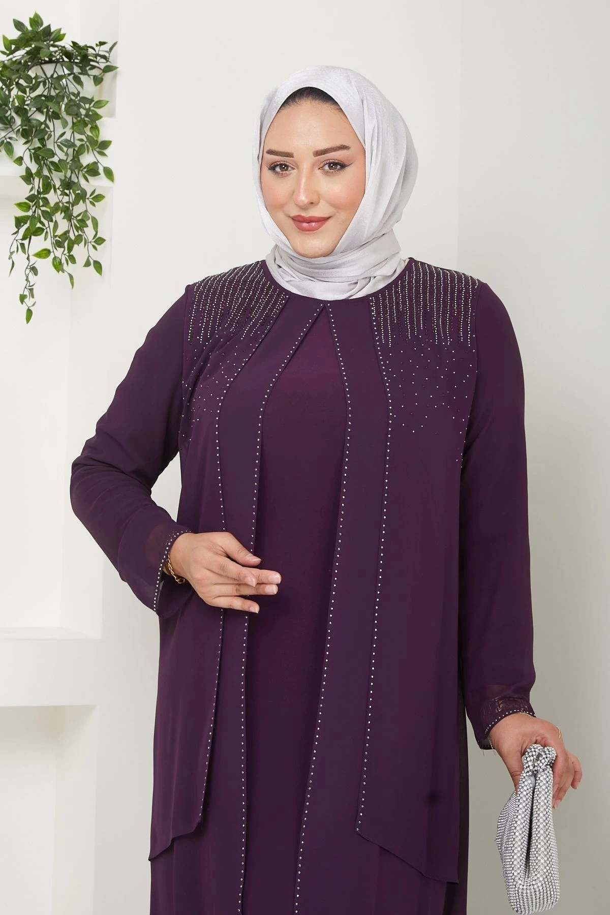 Kadın Büyük Beden Abiye Elbise İki Kat Şifon Tesettür Abiye Elbise 10117 - Mürdüm