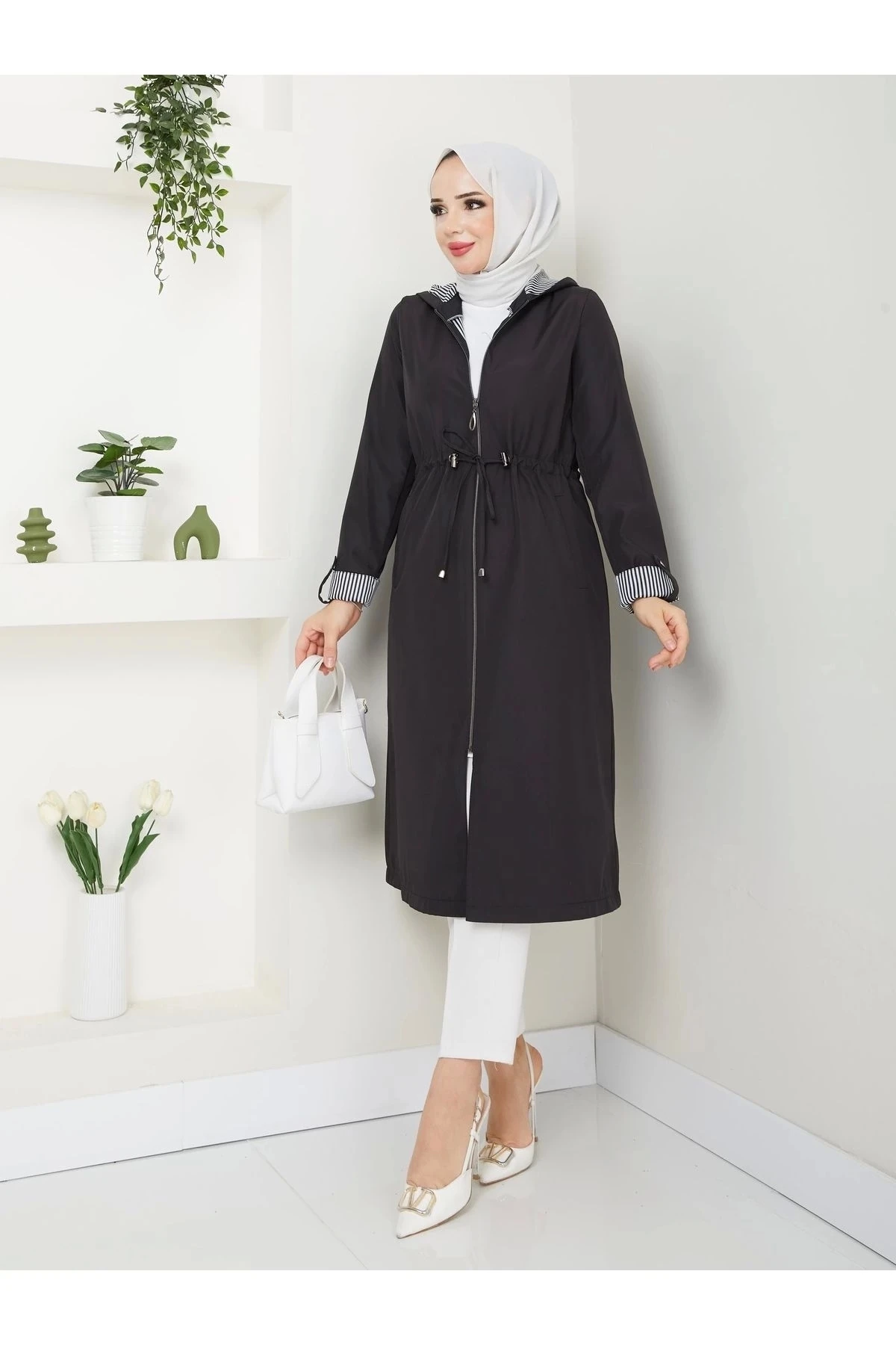 Kadın Uzun Giy Çık Trençkot 10104 - Siyah