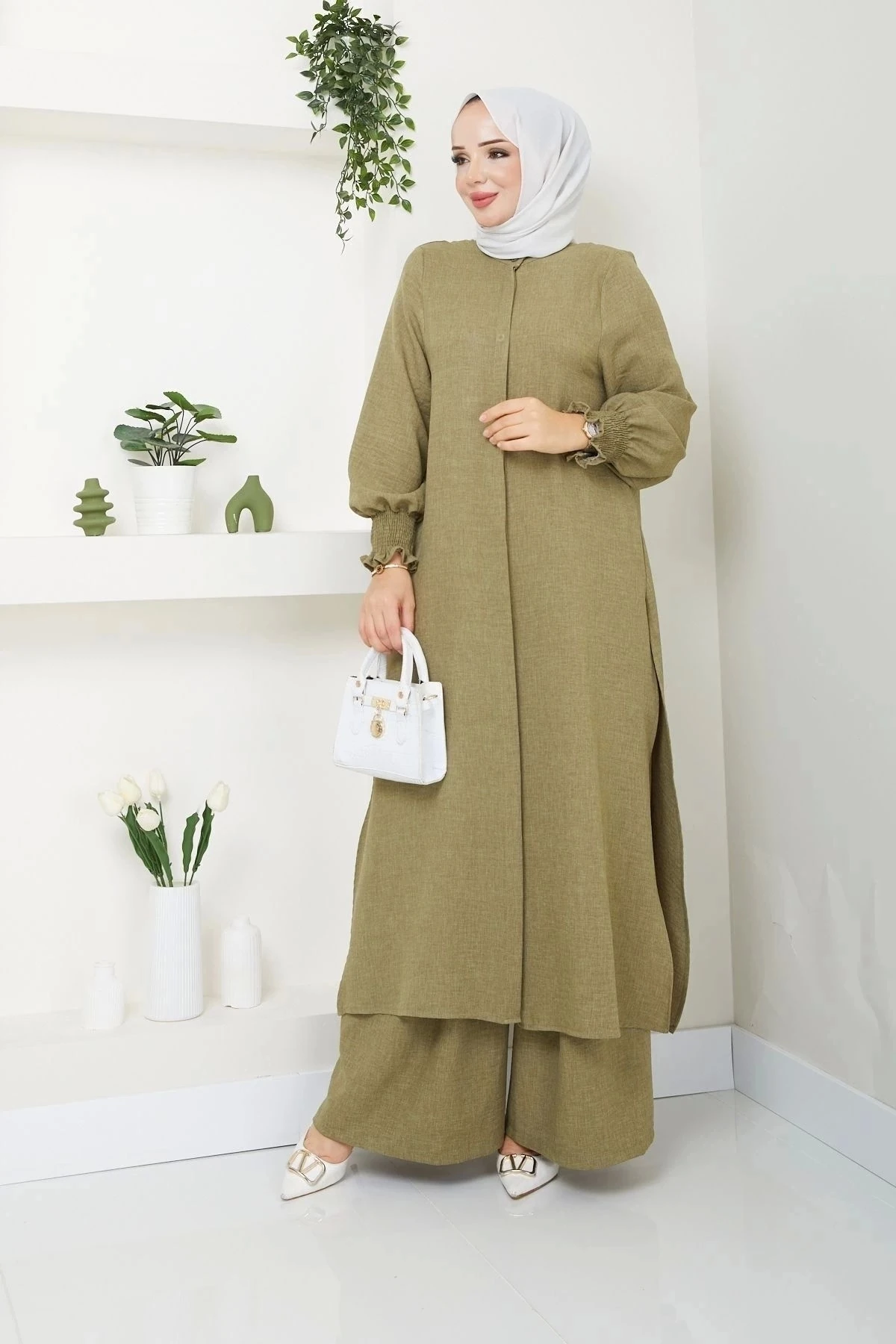 Kadın Uzun İkili Tesettür Tunik Takım 10114 - Yağ Yeşil