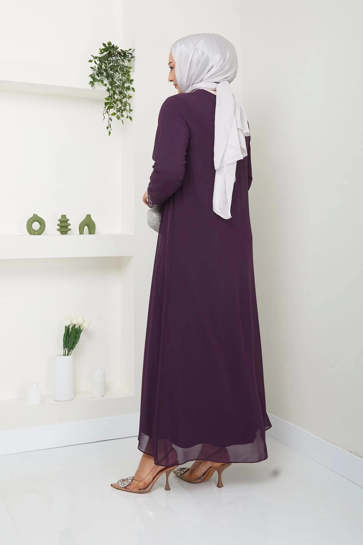 Kadın Büyük Beden Abiye Elbise Şifon Tesettür Abiye Elbise 10120 - Mürdüm