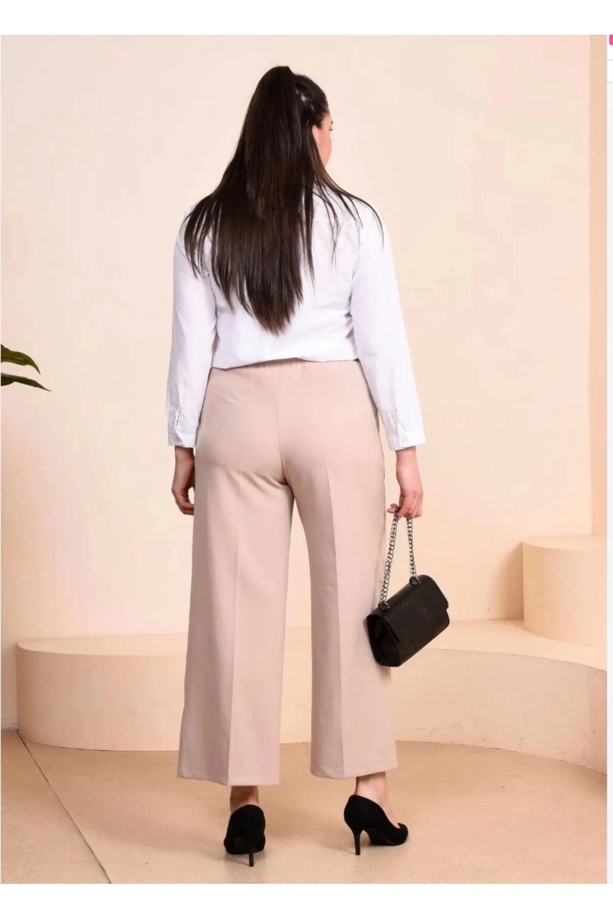 Büyük Beden Lastikli Kumaş Bol Paça Kadın Pantolon 10109