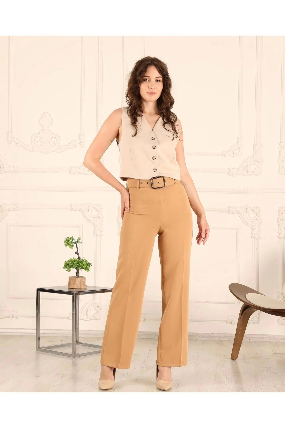 Kadın Bol Paça Kemerli Pantolon 10103