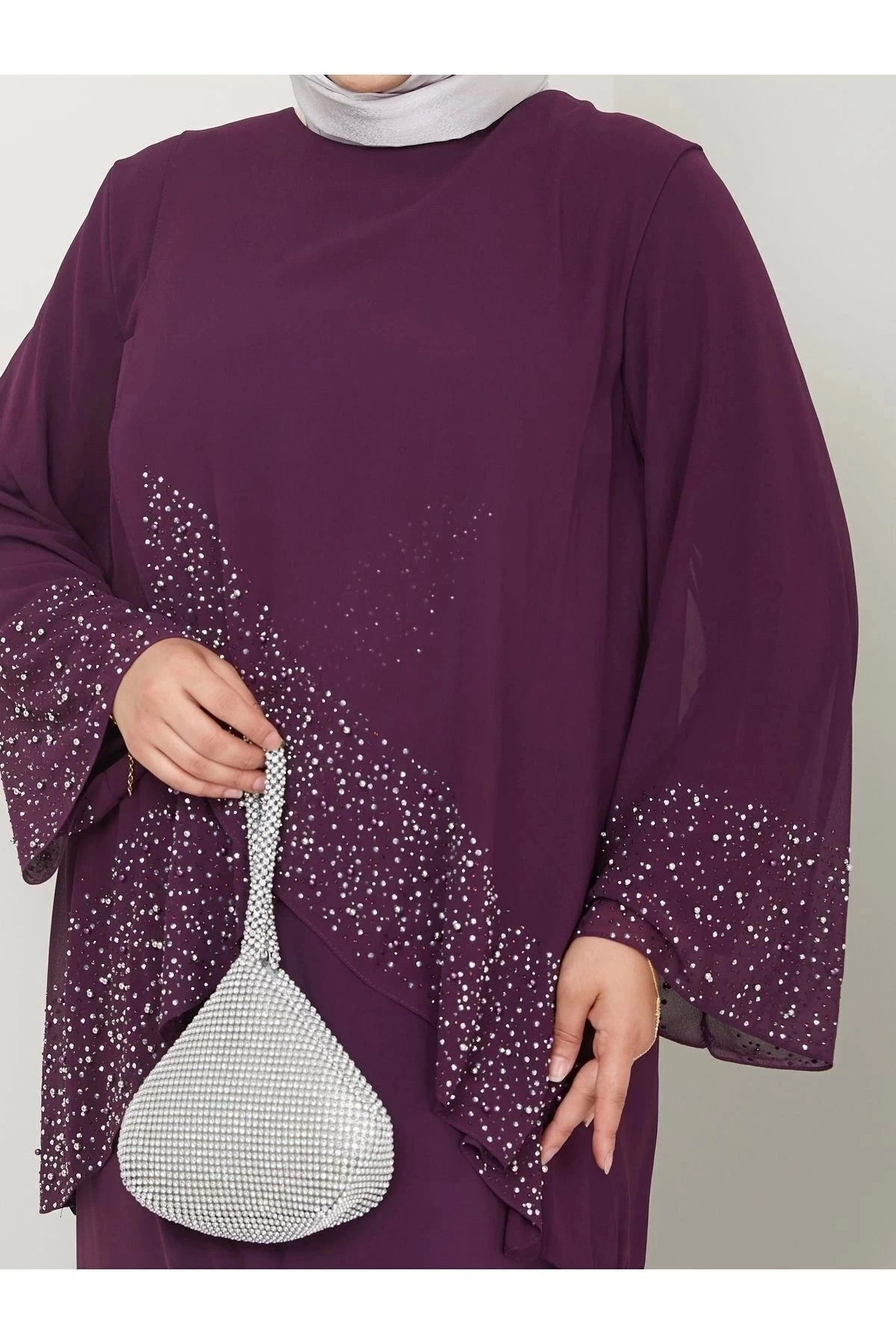Kadın Büyük Beden Abiye Elbise İnci Taş Baskılı Tesettür Abiye Elbise 10113