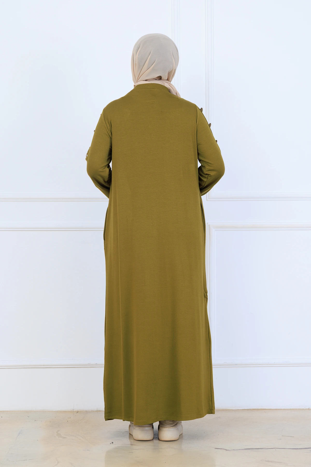 Rahat Bol Kesim Örme Kumaş Elbise 10127 - Yağ Yeşil