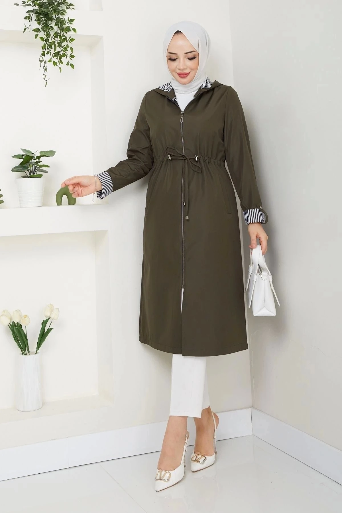 Kadın Uzun Giy Çık Trençkot 10104 - Haki