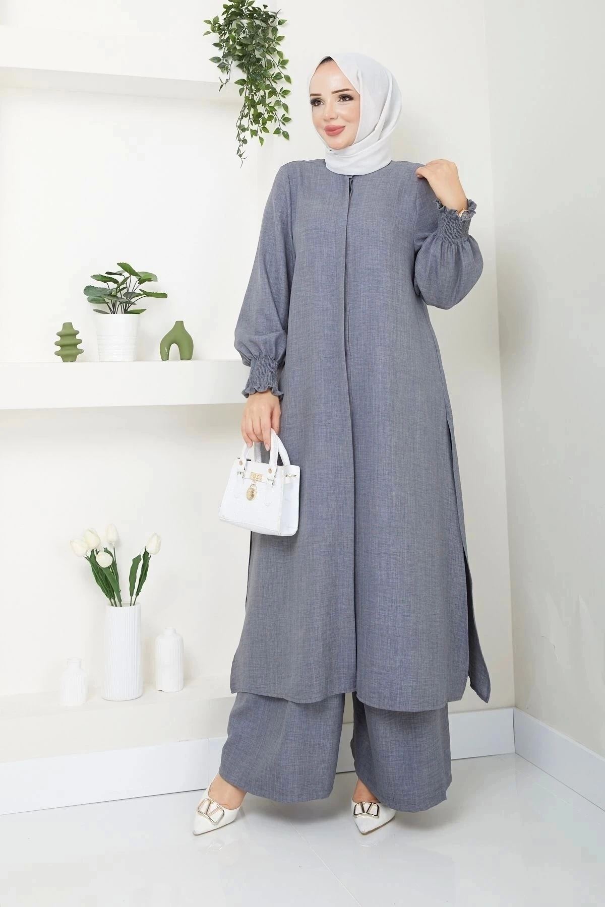 Kadın Uzun İkili Tesettür Tunik Takım 10114 - Gri