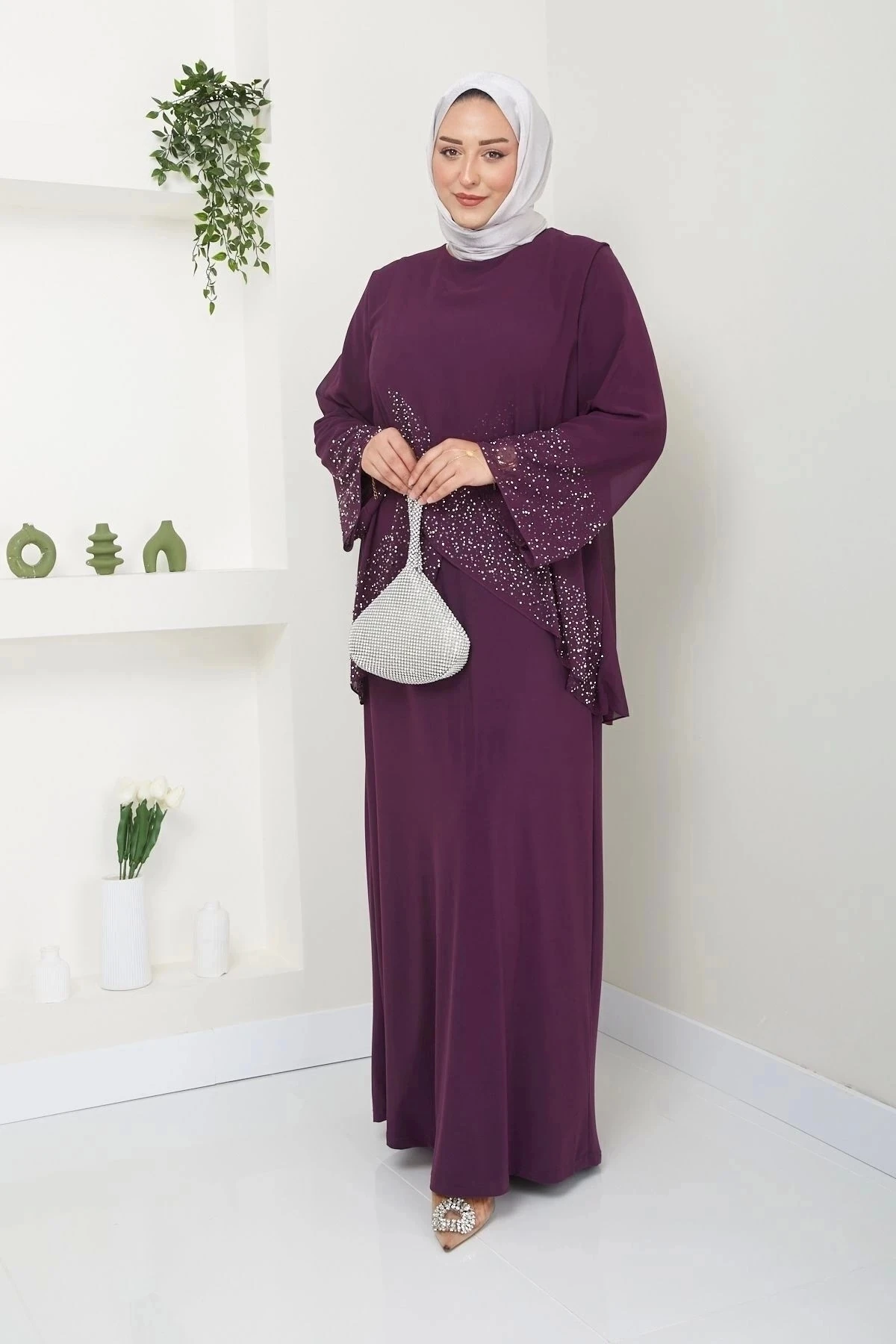 Kadın Büyük Beden Abiye Elbise İnci Taş Baskılı Tesettür Abiye Elbise 10113