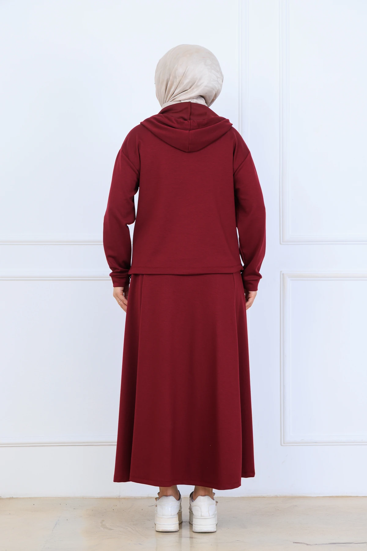 Çilek Kumaş Kapşonlu Sweat Etekli Kadın İkili Takım 10130 - Bordo