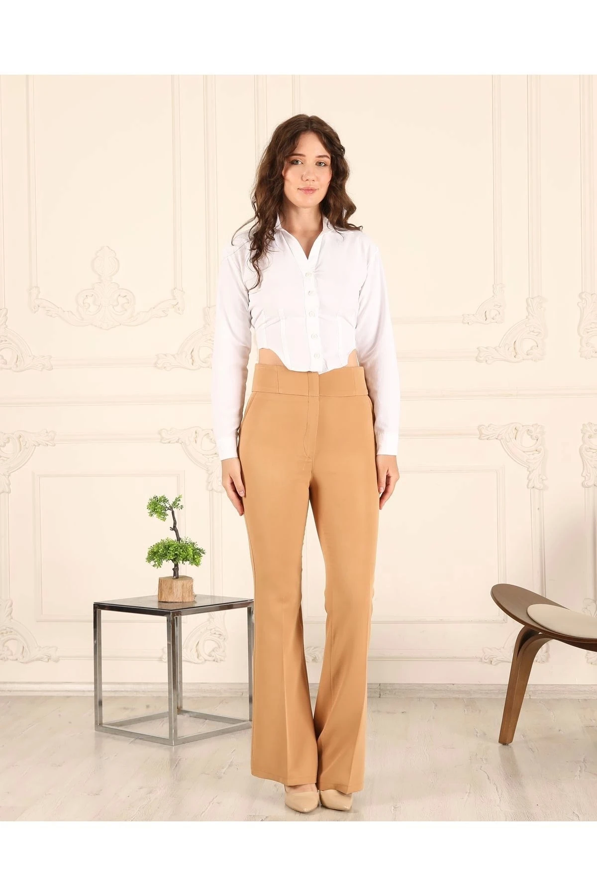 Yüksek Bel İspanyol Paça Kadın Kumaş Pantolon 10101